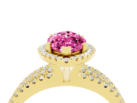 Yellow gold {shape_name} Pink Sapphire Halo Engagement Ring with Split Shank and Four-Prong Setting_4
