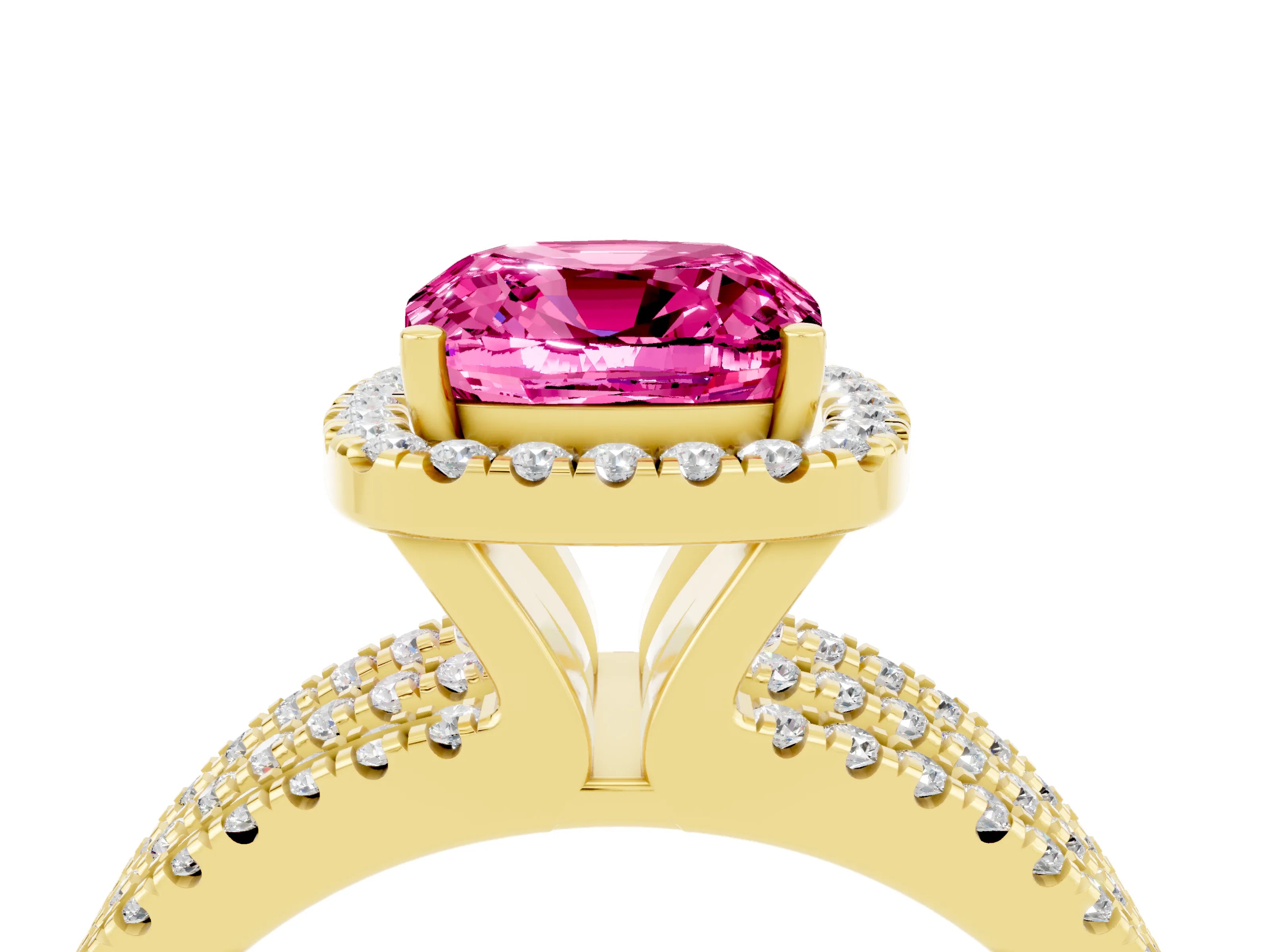 Yellow gold {shape_name} Pink Sapphire Halo Engagement Ring with Split Shank and Four-Prong Setting_4