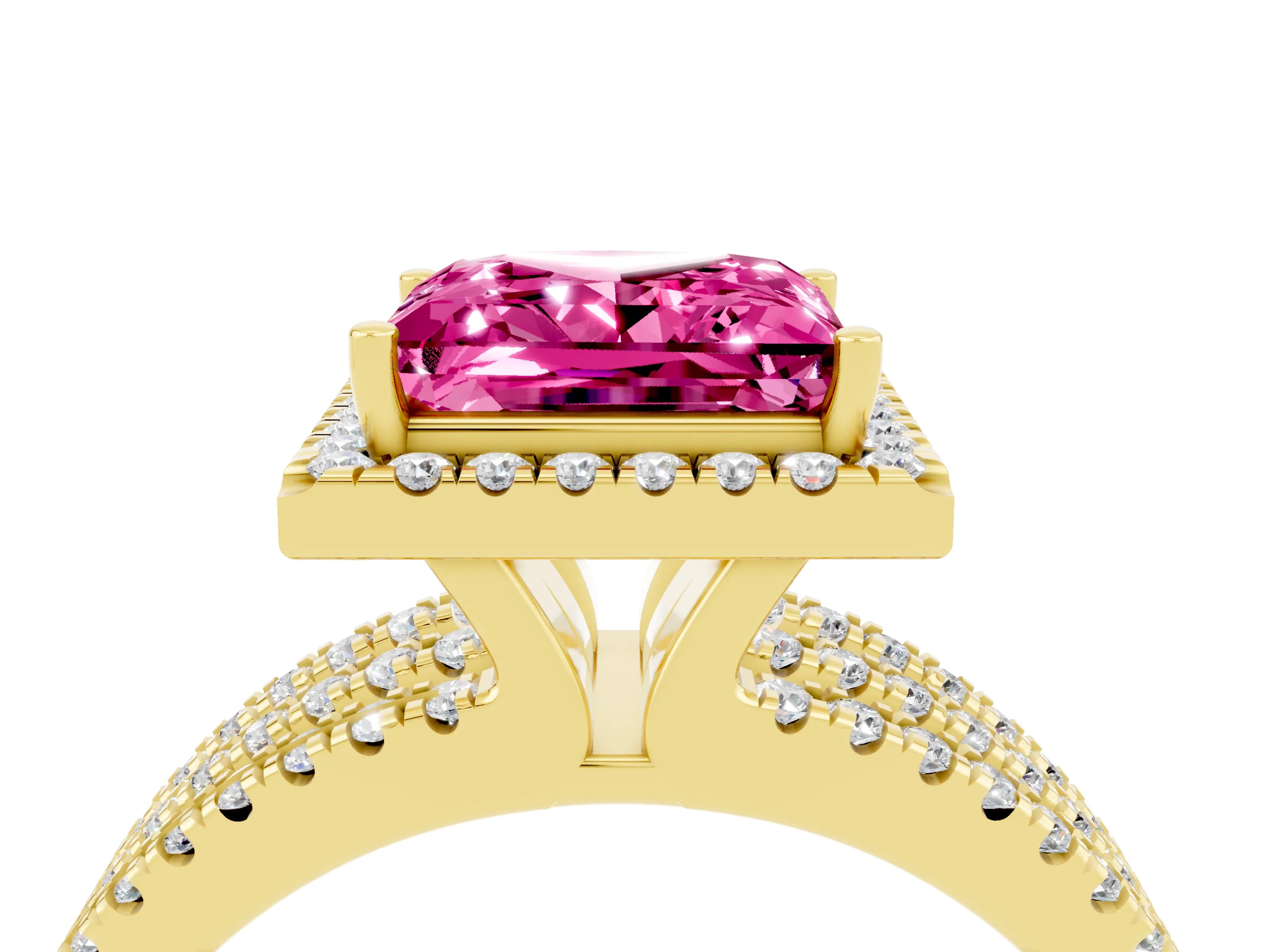 Yellow gold {shape_name} Pink Sapphire Halo Engagement Ring with Split Shank and Four-Prong Setting_4