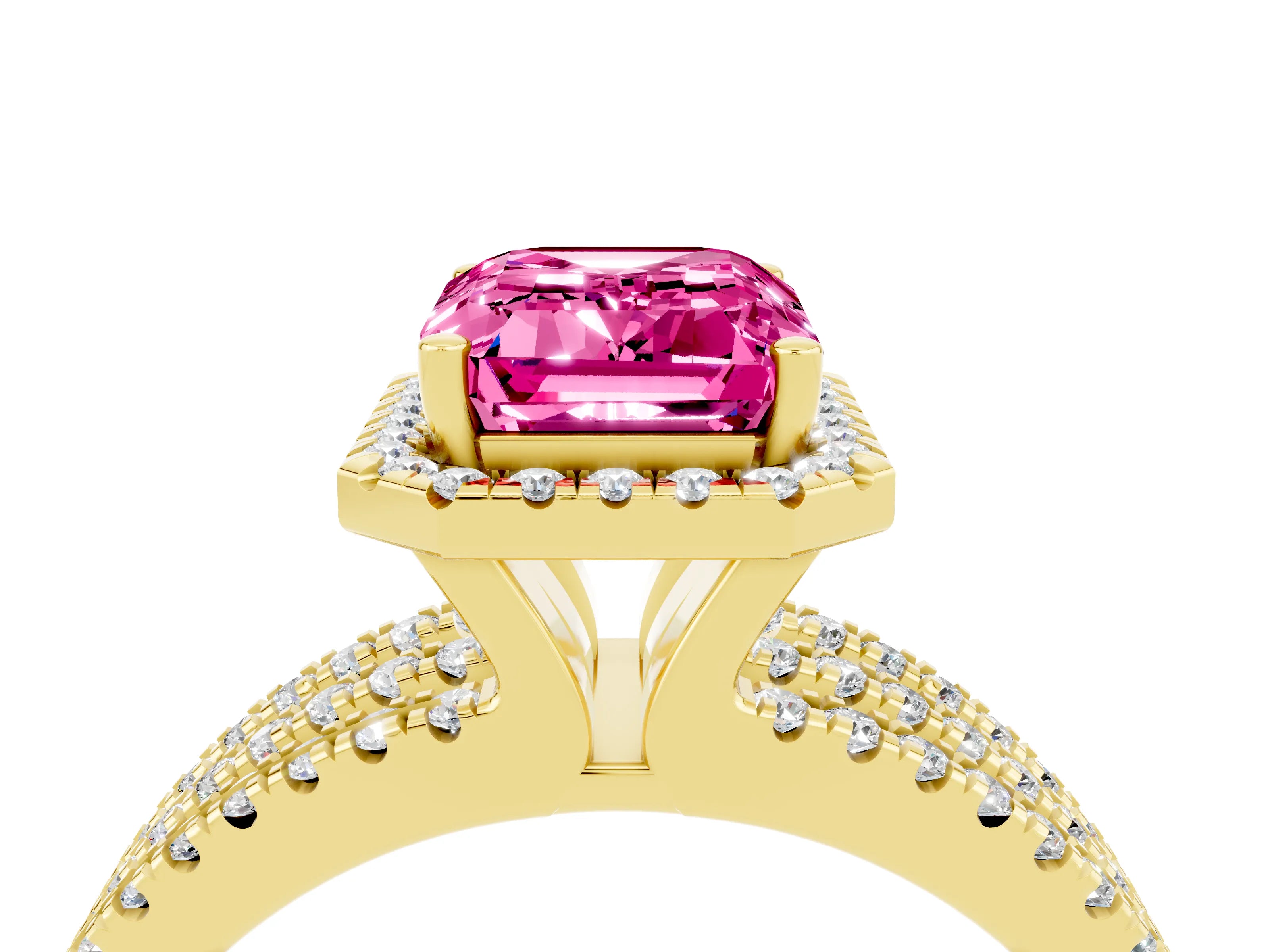 Yellow gold {shape_name} Pink Sapphire Halo Engagement Ring with Split Shank and Four-Prong Setting_4