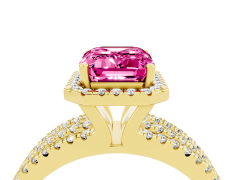 Yellow gold {shape_name} Pink Sapphire Halo Engagement Ring with Split Shank and Four-Prong Setting_4