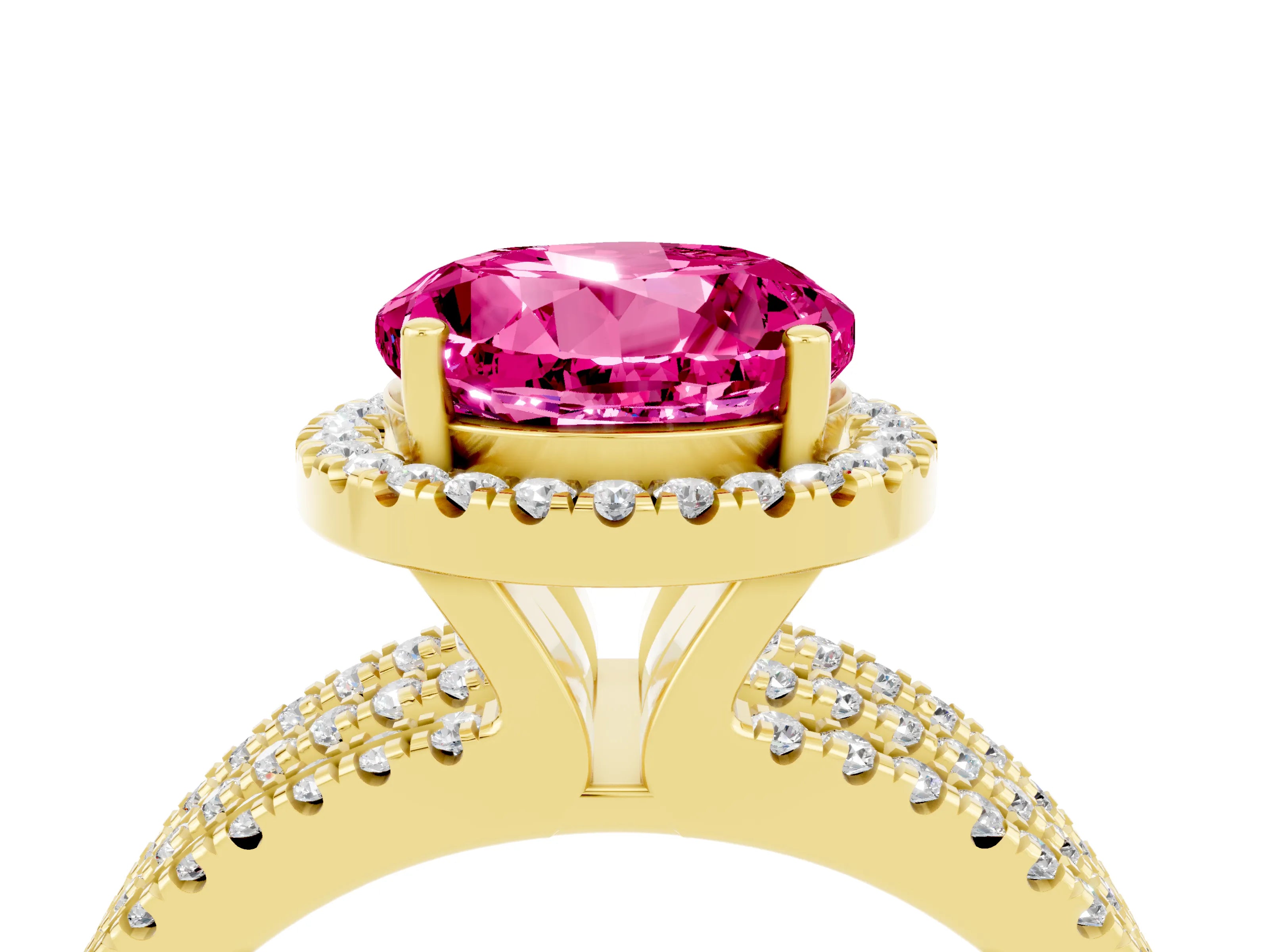 Yellow gold {shape_name} Pink Sapphire Halo Engagement Ring with Split Shank and Four-Prong Setting_4