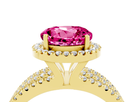 Yellow gold {shape_name} Pink Sapphire Halo Engagement Ring with Split Shank and Four-Prong Setting_4