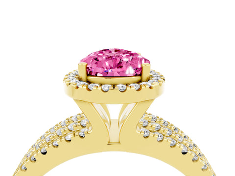 Yellow gold {shape_name} Pink Sapphire Halo Engagement Ring with Split Shank and Four-Prong Setting_4