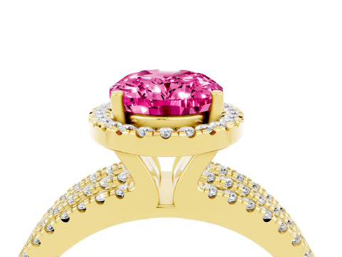 Yellow gold {shape_name} Pink Sapphire Halo Engagement Ring with Split Shank and Four-Prong Setting_4