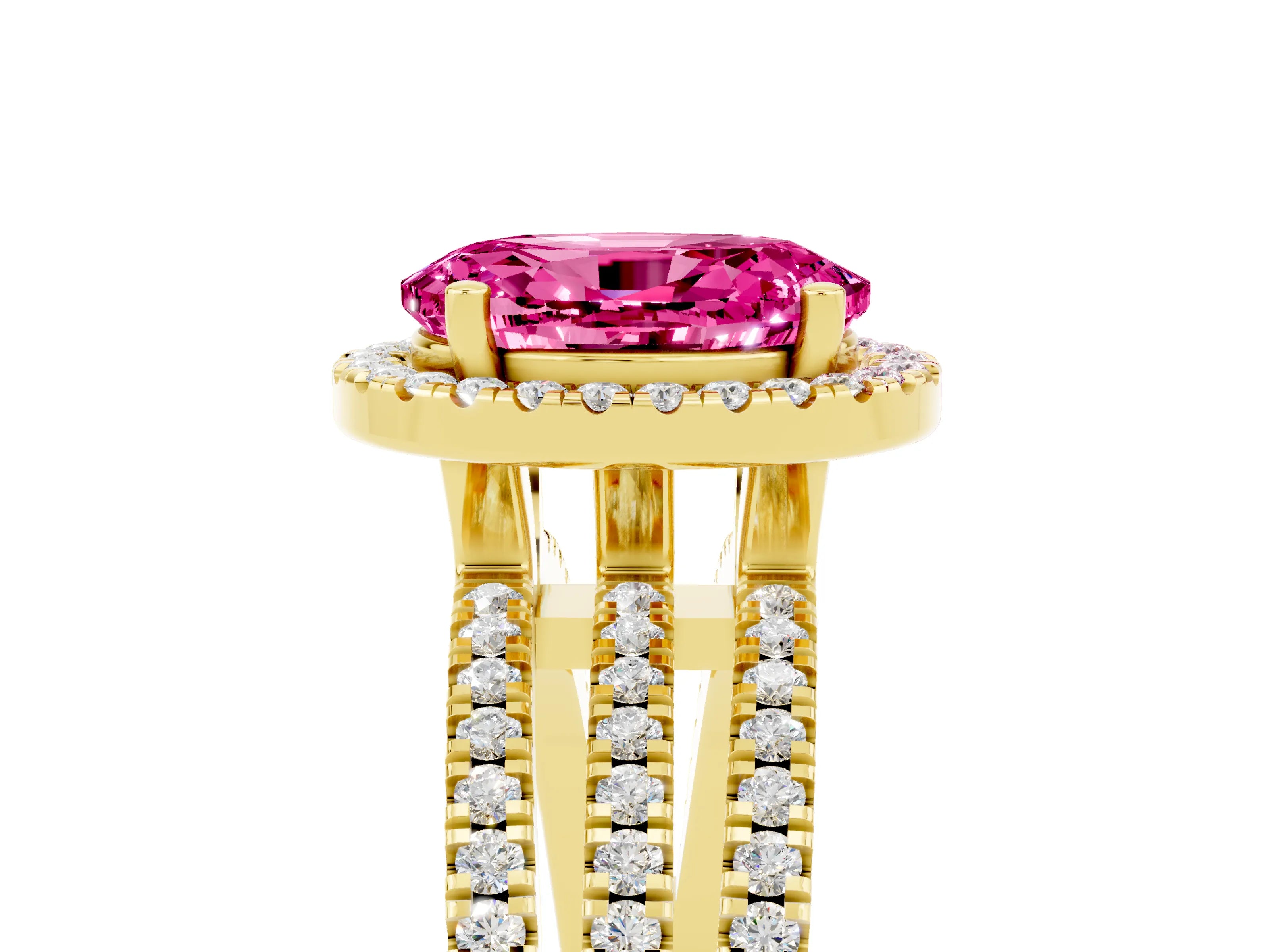 Yellow gold {shape_name} Pink Sapphire Halo Engagement Ring with Split Shank and Four-Prong Setting_5