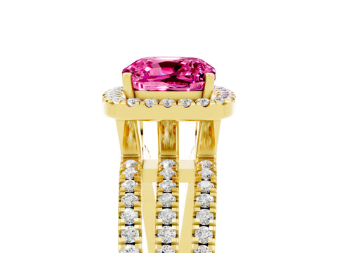 Yellow gold {shape_name} Pink Sapphire Halo Engagement Ring with Split Shank and Four-Prong Setting_5