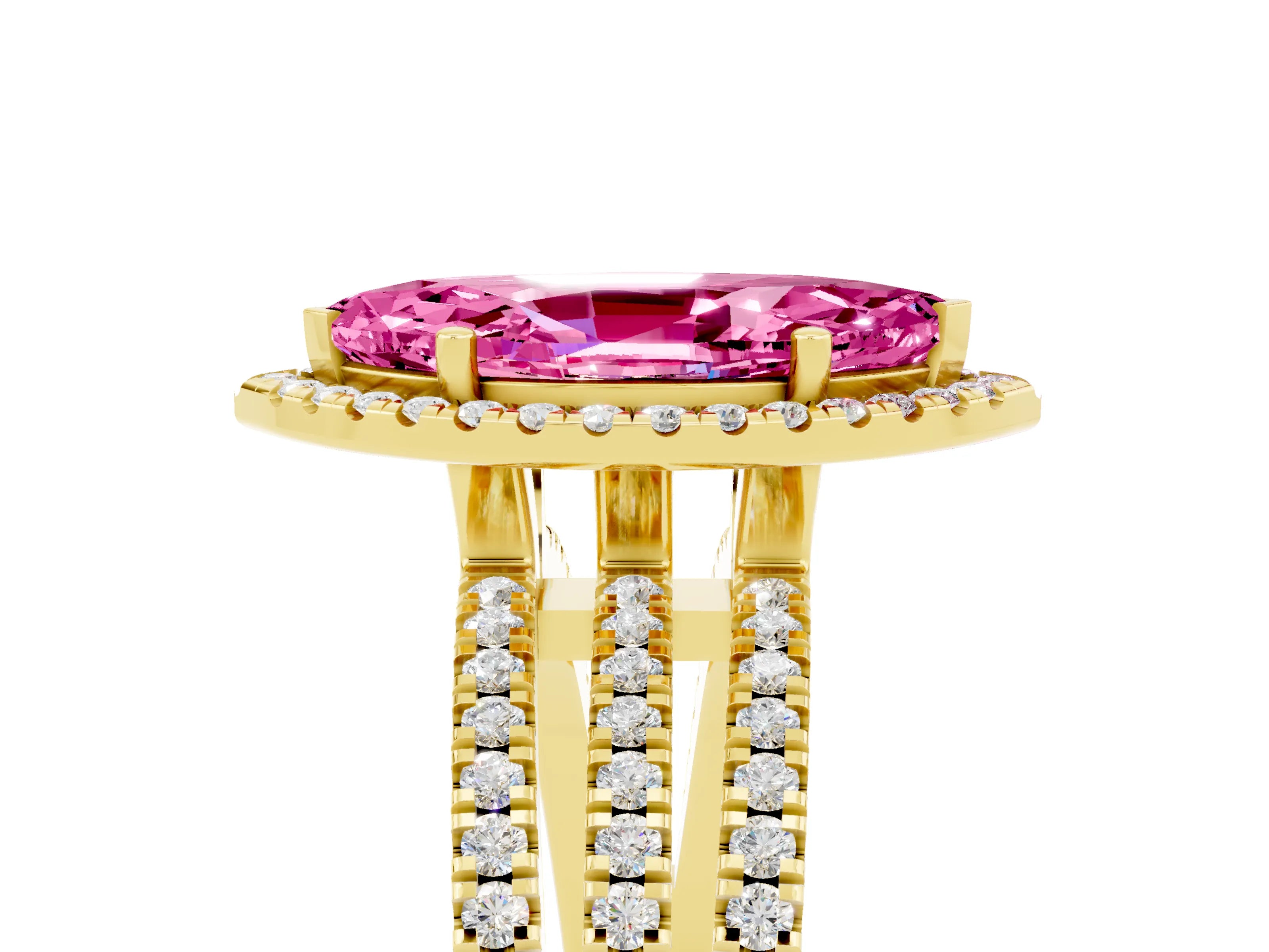 Yellow gold {shape_name} Pink Sapphire Halo Engagement Ring with Split Shank and Four-Prong Setting_5