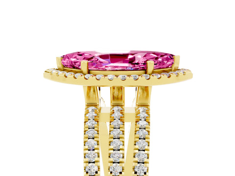 Yellow gold {shape_name} Pink Sapphire Halo Engagement Ring with Split Shank and Four-Prong Setting_5