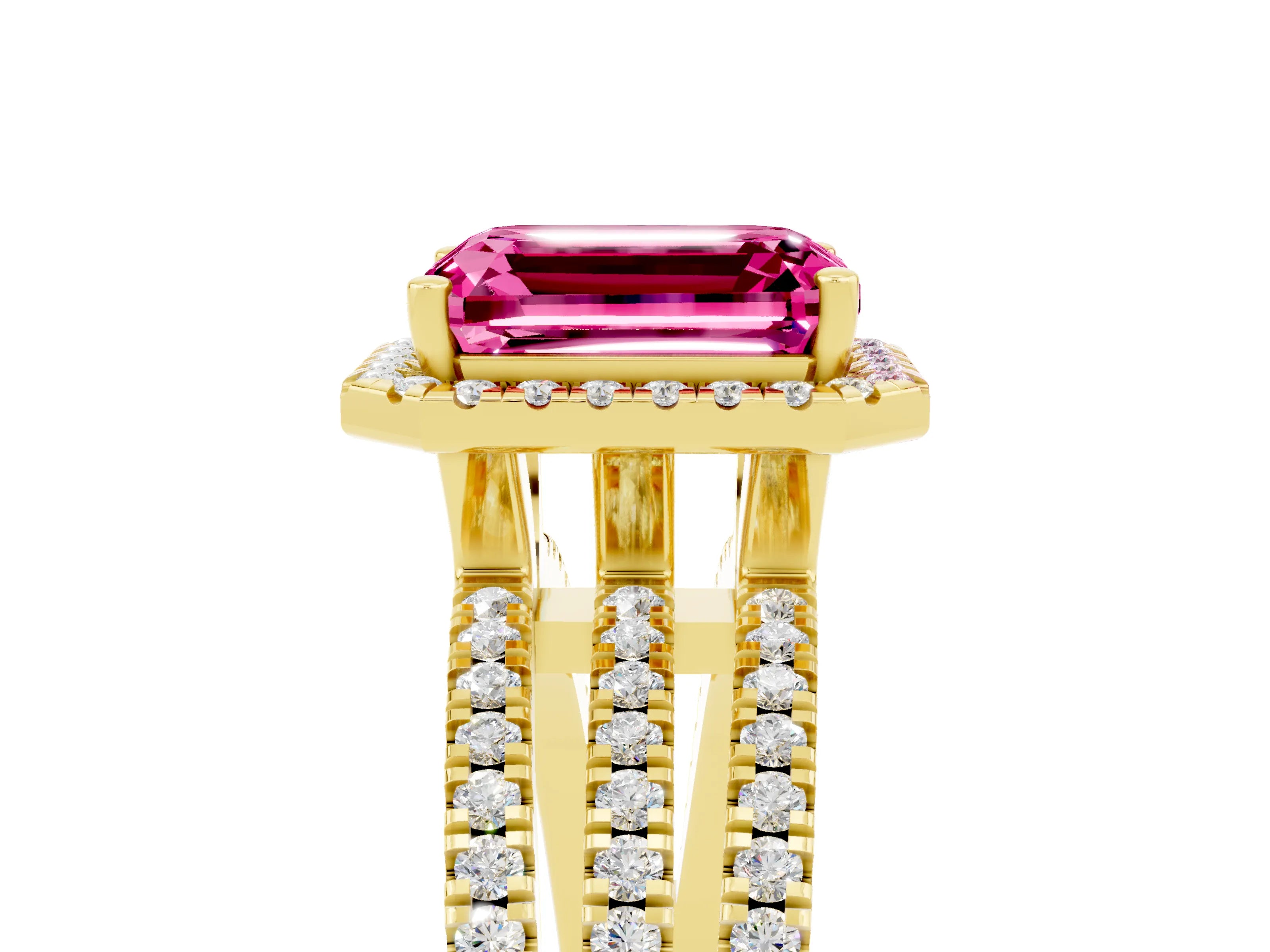 Yellow gold {shape_name} Pink Sapphire Halo Engagement Ring with Split Shank and Four-Prong Setting_5