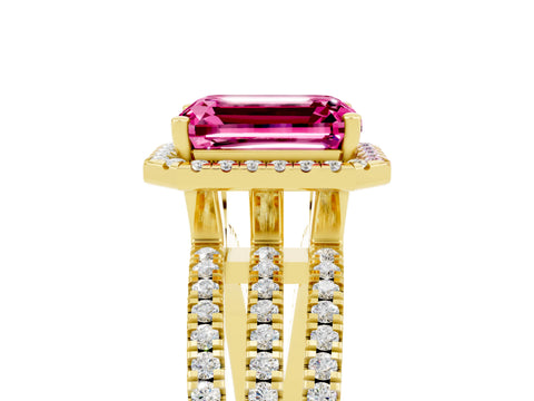 Yellow gold {shape_name} Pink Sapphire Halo Engagement Ring with Split Shank and Four-Prong Setting_5