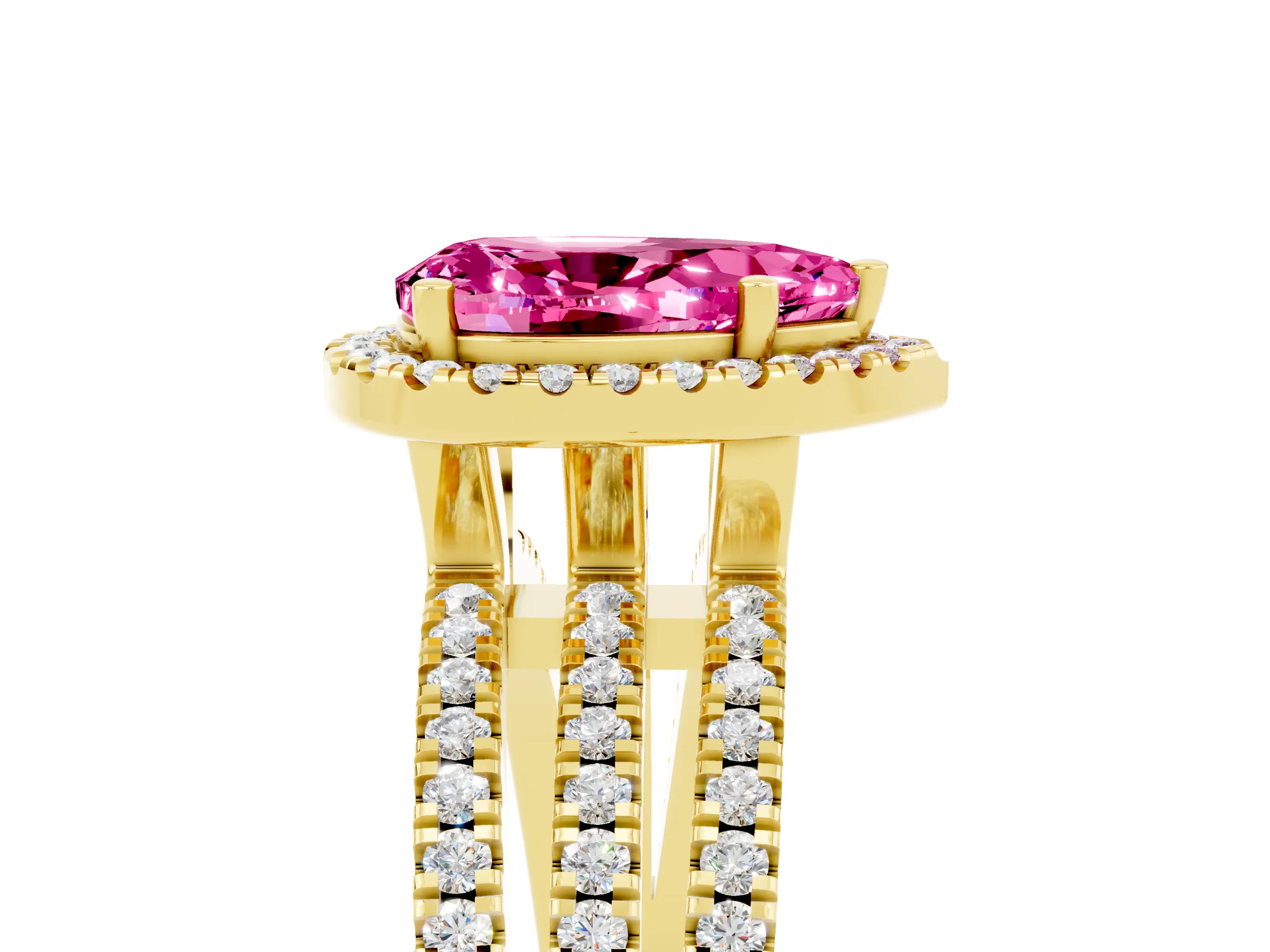 Yellow gold {shape_name} Pink Sapphire Halo Engagement Ring with Split Shank and Four-Prong Setting_5
