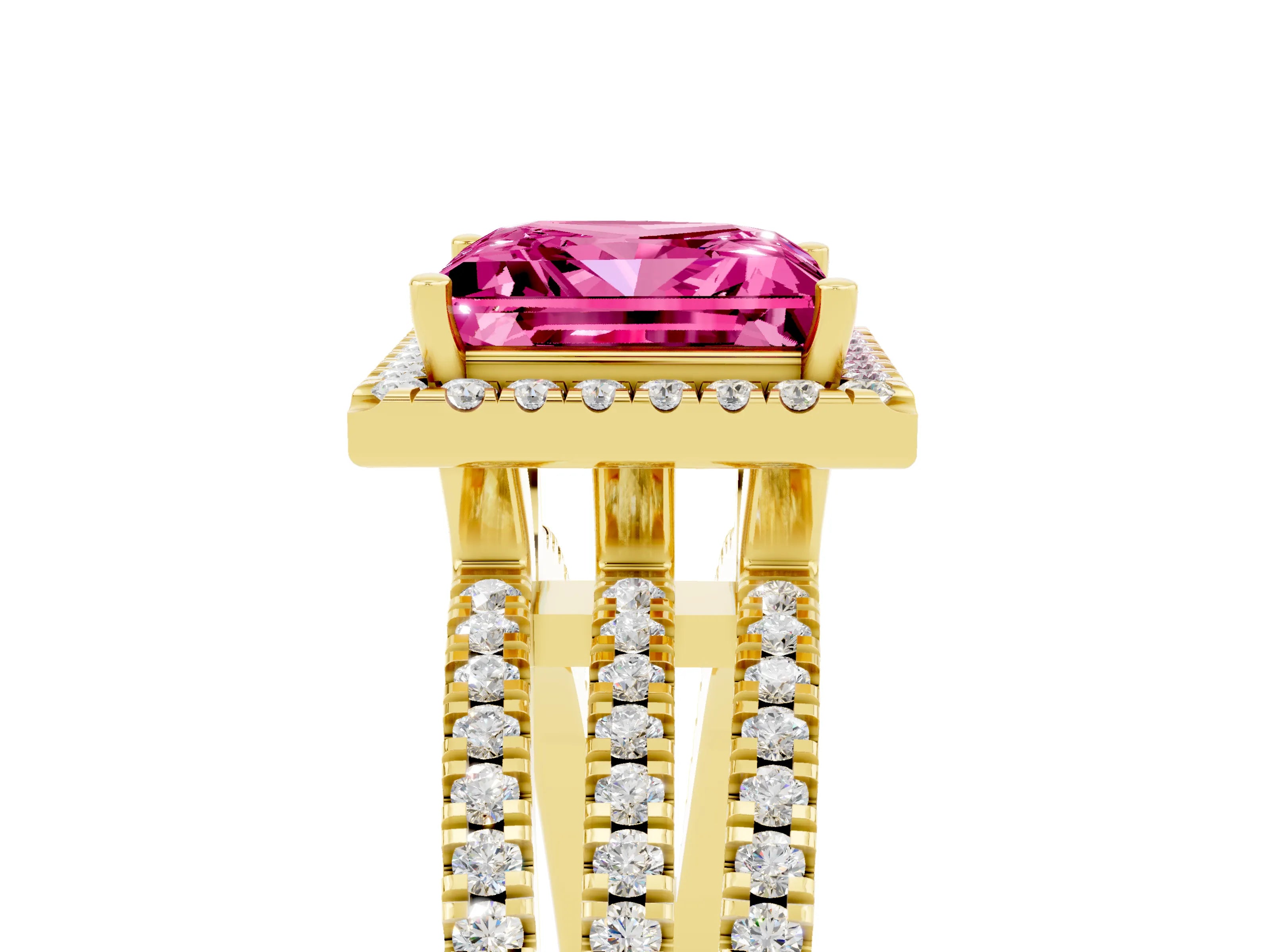 Yellow gold {shape_name} Pink Sapphire Halo Engagement Ring with Split Shank and Four-Prong Setting_5