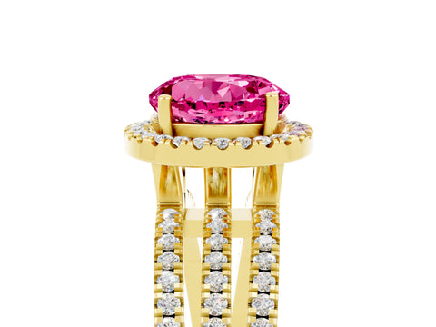 Yellow gold {shape_name} Pink Sapphire Halo Engagement Ring with Split Shank and Four-Prong Setting_5