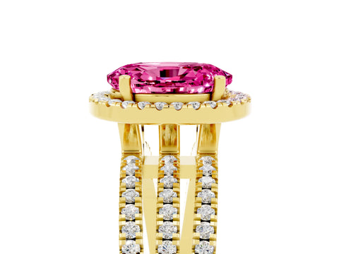 Yellow gold {shape_name} Pink Sapphire Halo Engagement Ring with Split Shank and Four-Prong Setting_5