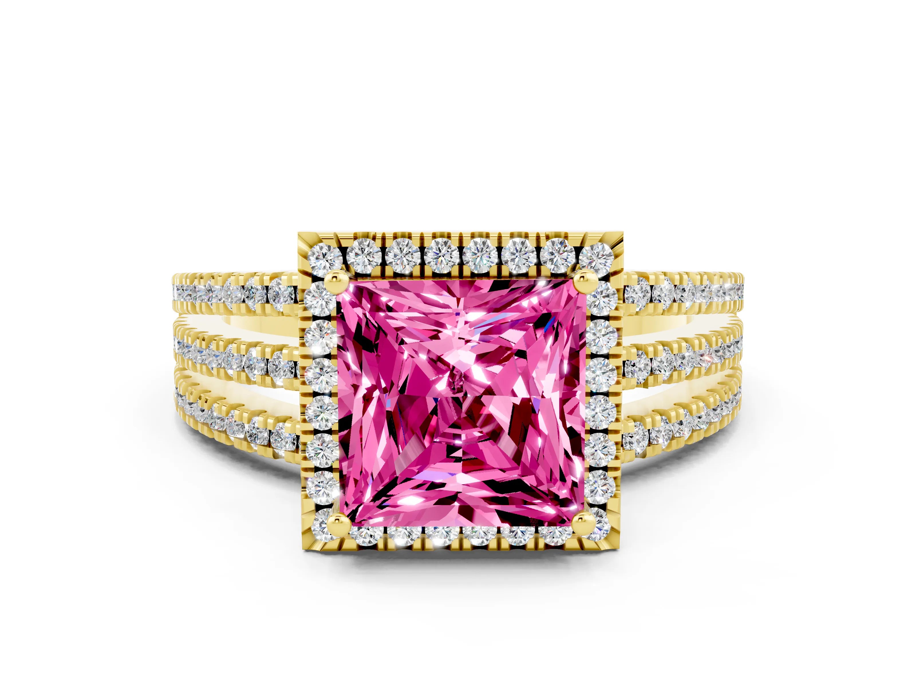 Yellow gold {shape_name} Pink Sapphire Halo Engagement Ring with Split Shank and Four-Prong Setting