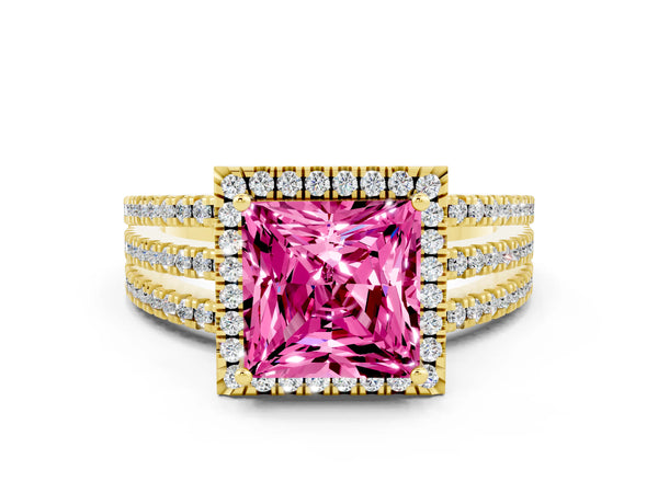 Yellow gold Princess Cut Pink Sapphire Halo Engagement Ring with Split Shank and Four-Prong Setting