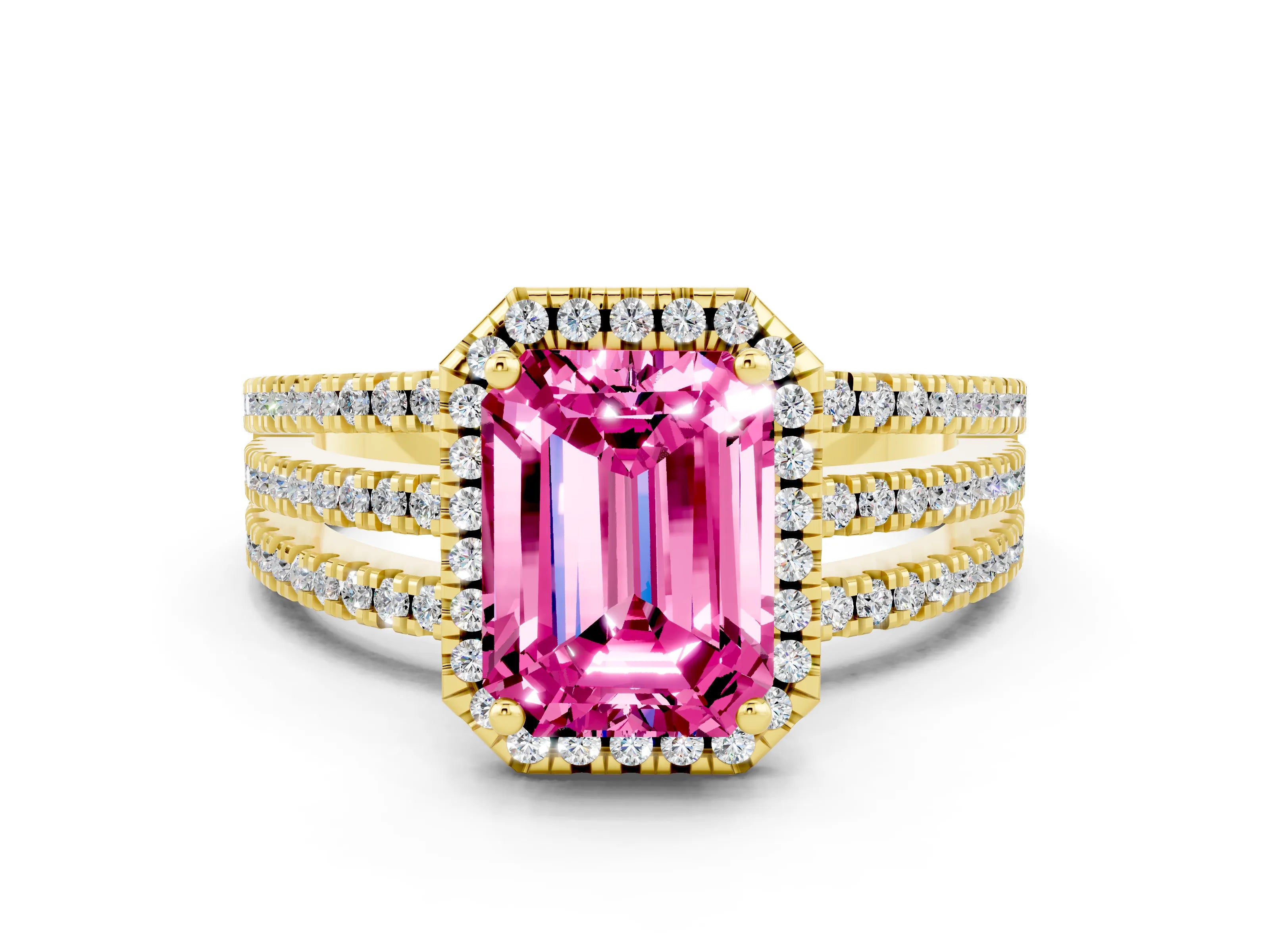 Yellow gold {shape_name} Pink Sapphire Halo Engagement Ring with Split Shank and Four-Prong Setting