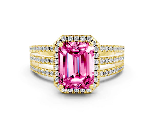 Yellow gold Emerald Cut Pink Sapphire Halo Engagement Ring with Split Shank and Four-Prong Setting