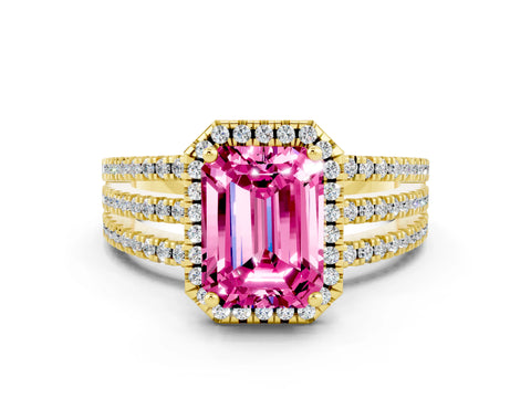 Yellow gold {shape_name} Pink Sapphire Halo Engagement Ring with Split Shank and Four-Prong Setting