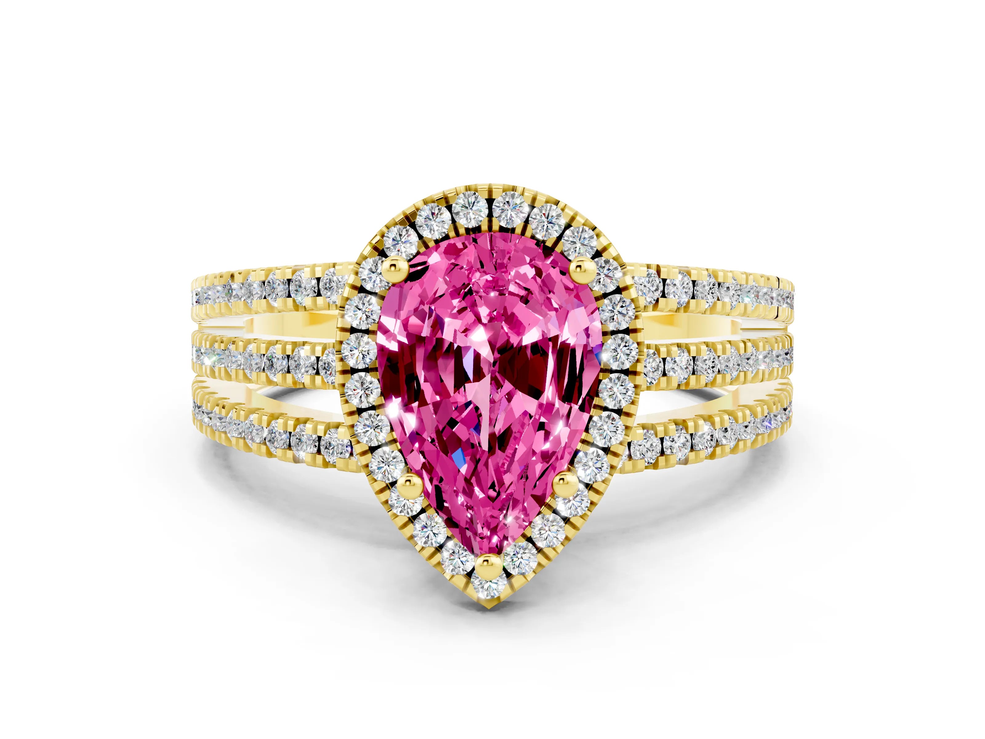 Yellow gold {shape_name} Pink Sapphire Halo Engagement Ring with Split Shank and Four-Prong Setting