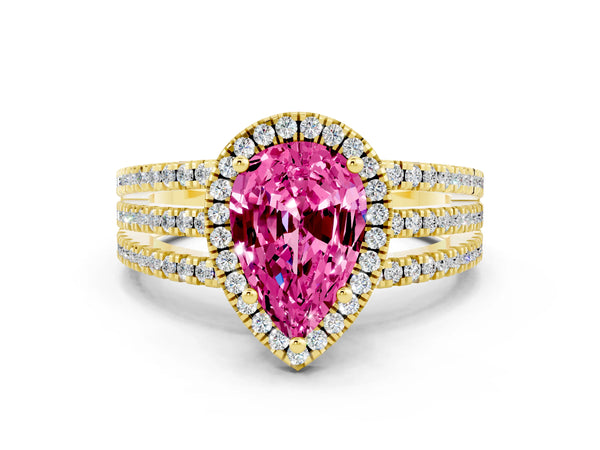 Yellow gold Pear Cut Pink Sapphire Halo Engagement Ring with Split Shank and Four-Prong Setting