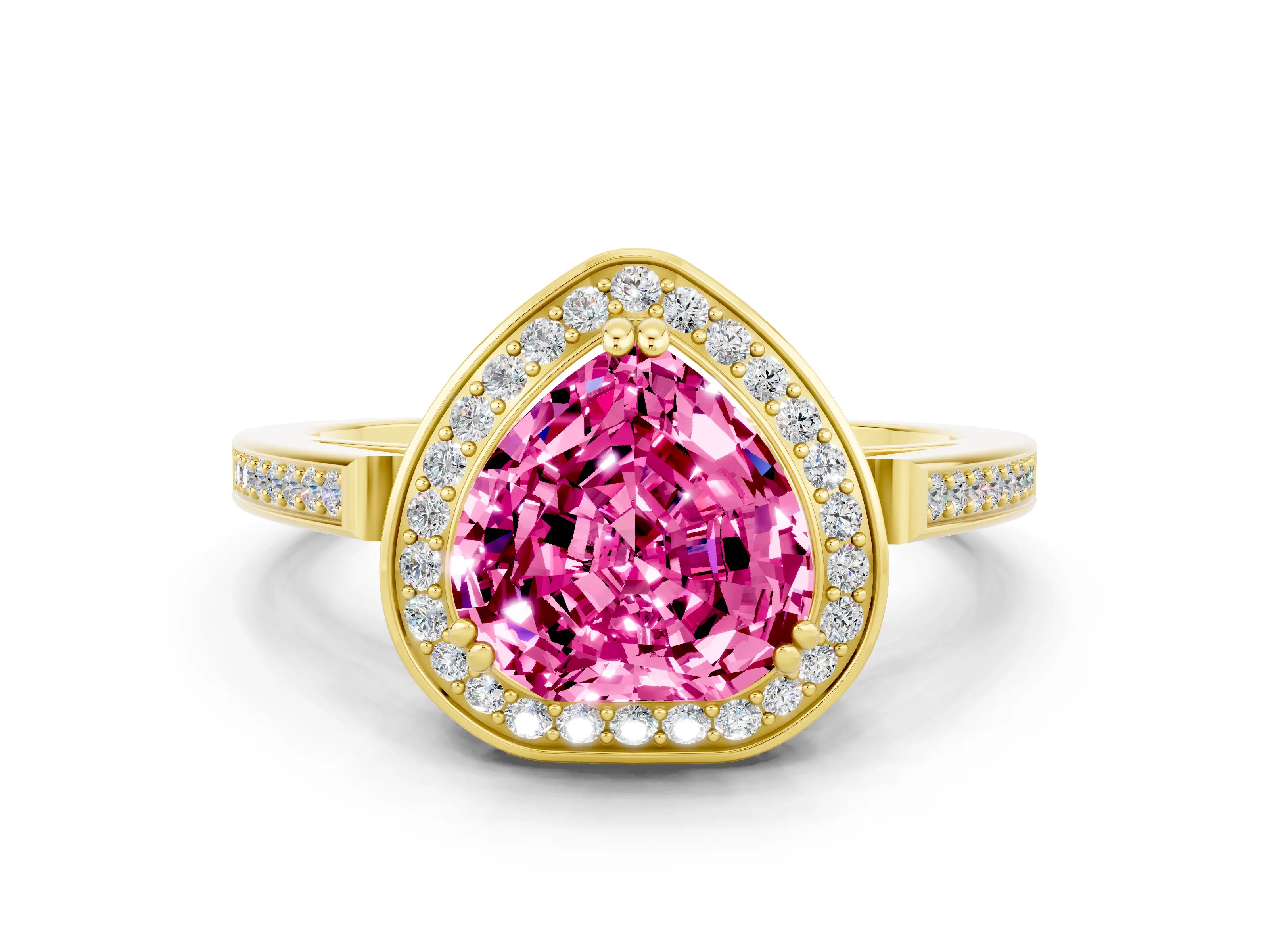 Yellow gold {shape_name} Pink Sapphire Halo Ring with Split Shank and Four-Prong Setting