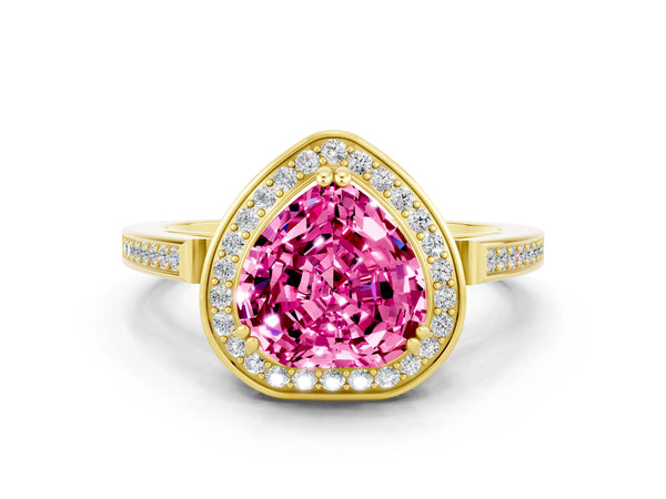 Yellow gold Heart Cut Pink Sapphire Halo Ring with Split Shank and Four-Prong Setting