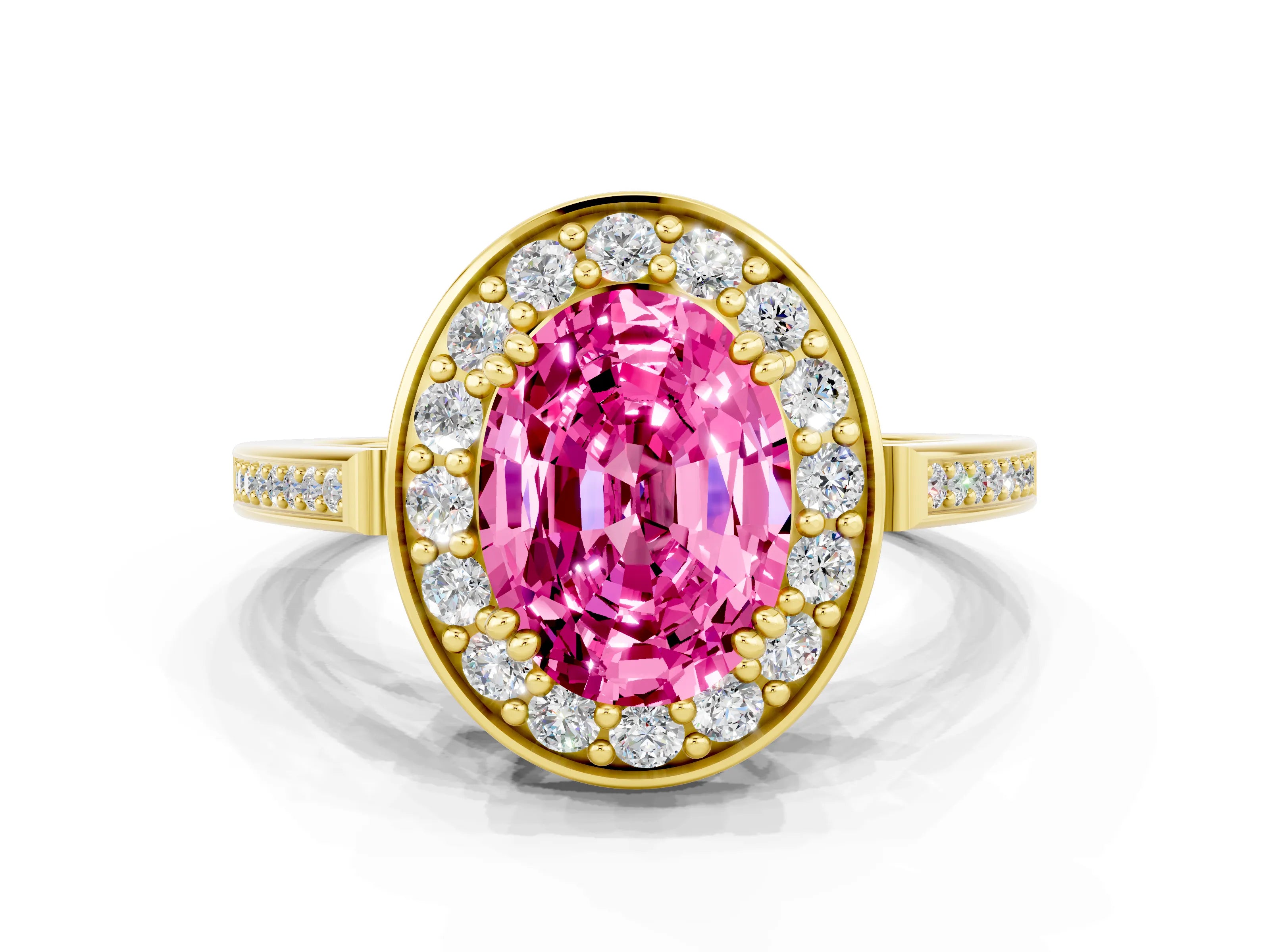 Yellow gold {shape_name} Pink Sapphire Halo Ring with Split Shank and Four-Prong Setting