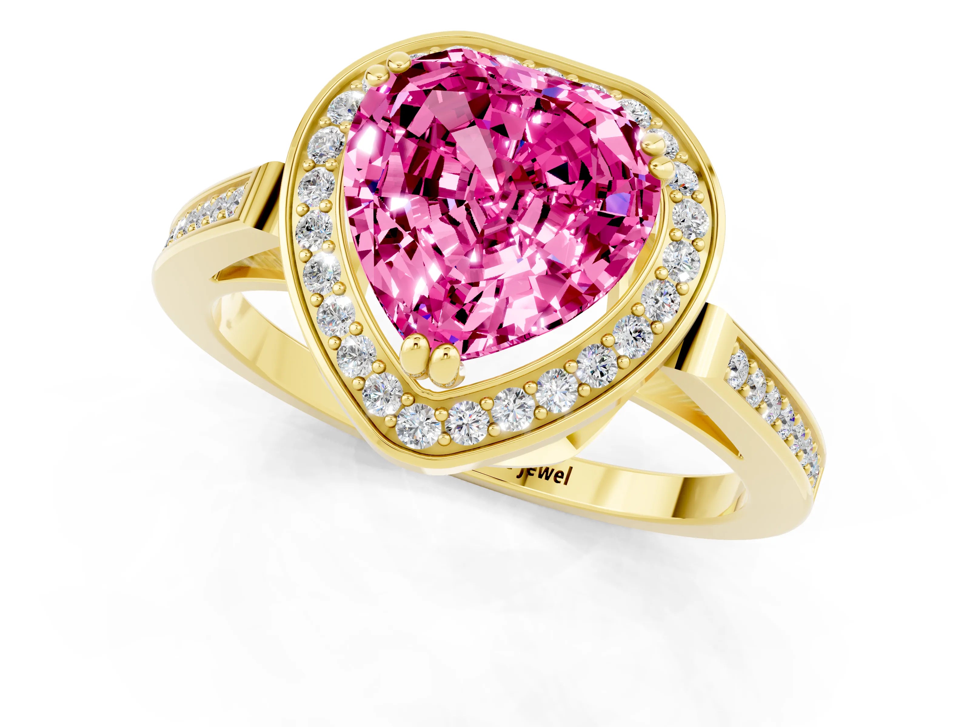 Yellow gold {shape_name} Pink Sapphire Halo Ring with Split Shank and Four-Prong Setting_1