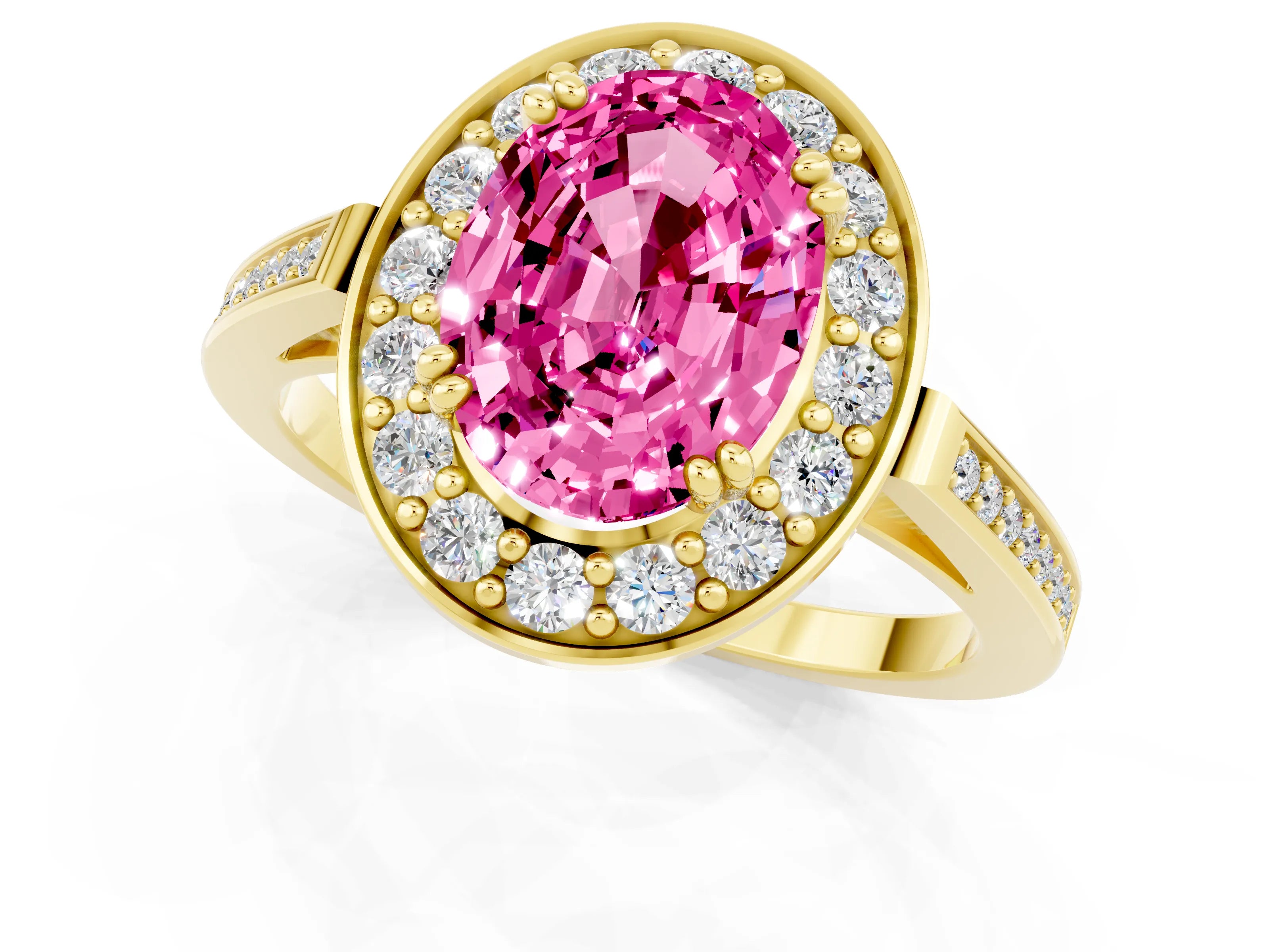 Yellow gold {shape_name} Pink Sapphire Halo Ring with Split Shank and Four-Prong Setting_1