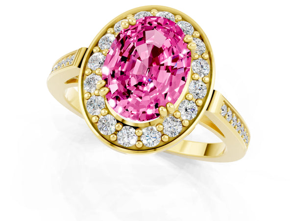 Yellow gold Oval Cut Pink Sapphire Halo Ring with Split Shank and Four-Prong Setting