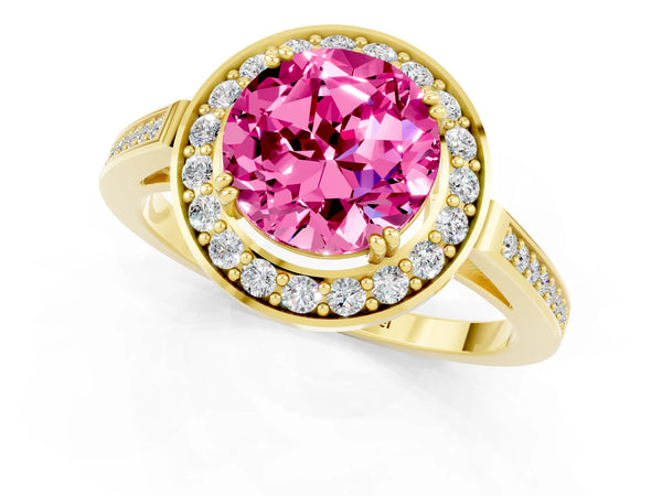 Yellow gold Round Cut Pink Sapphire Halo Ring with Split Shank and Four-Prong Setting