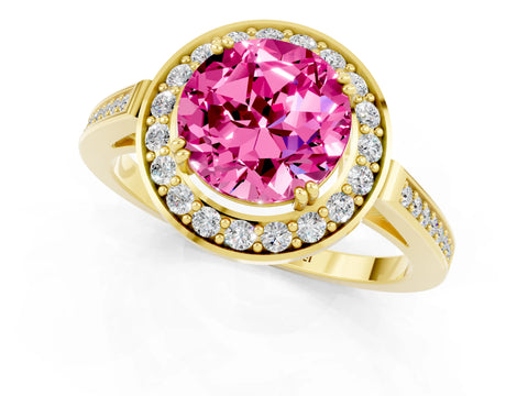 Yellow gold {shape_name} Pink Sapphire Halo Ring with Split Shank and Four-Prong Setting_1