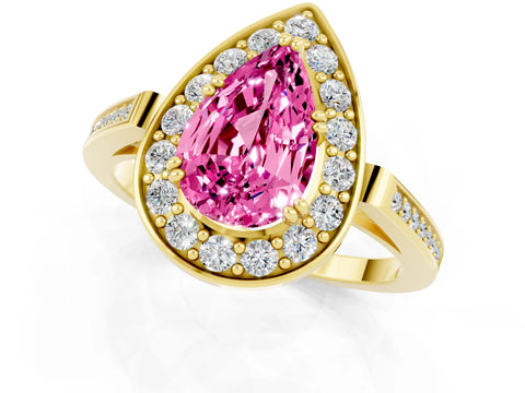 Yellow gold {shape_name} Pink Sapphire Halo Ring with Split Shank and Four-Prong Setting_1