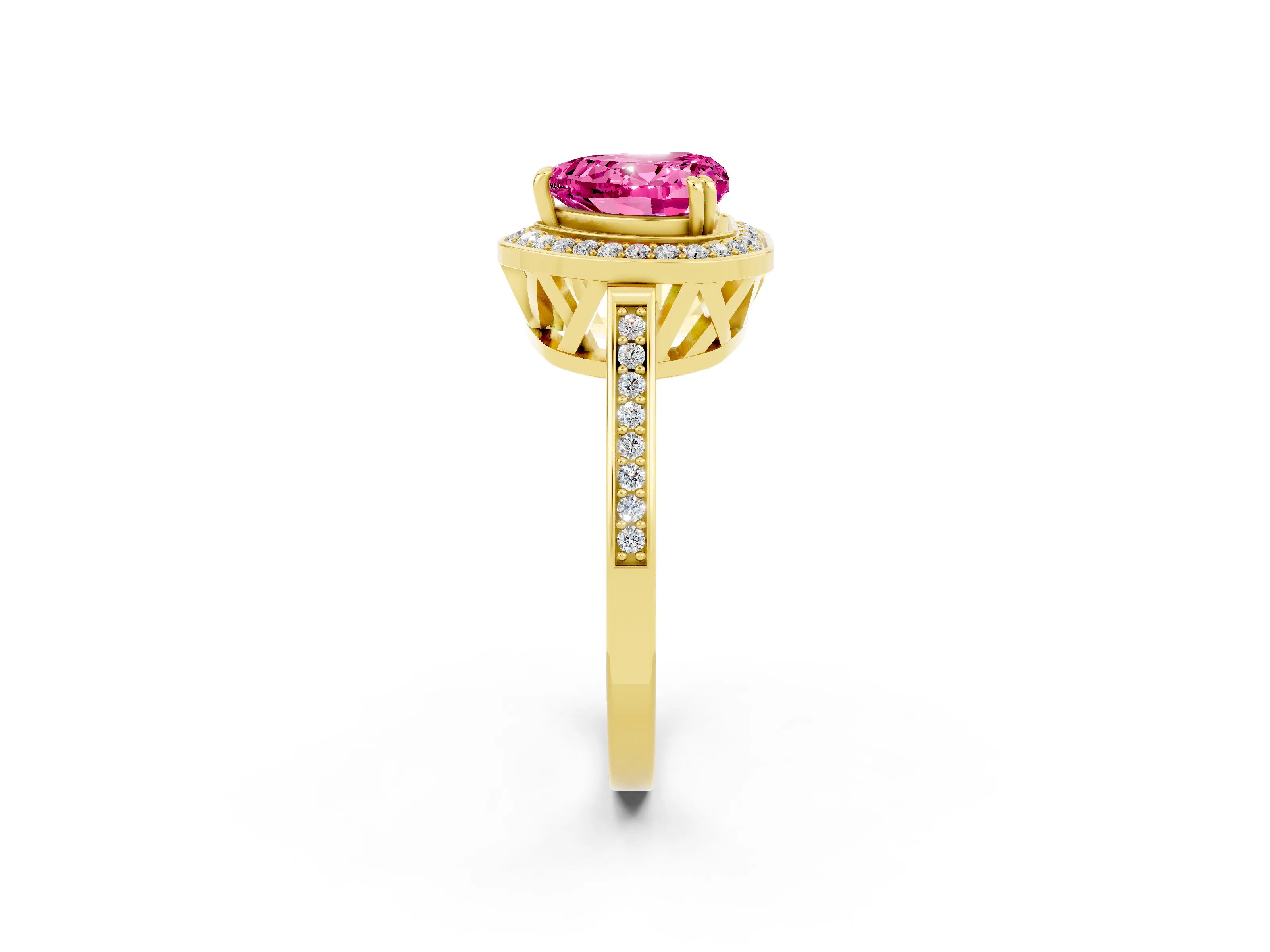 Yellow gold {shape_name} Pink Sapphire Halo Ring with Split Shank and Four-Prong Setting_2