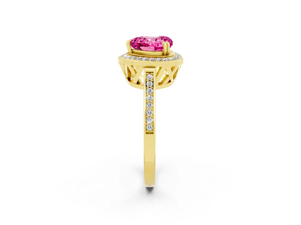Yellow gold Heart Cut Pink Sapphire Halo Ring with Split Shank and Four-Prong Setting
