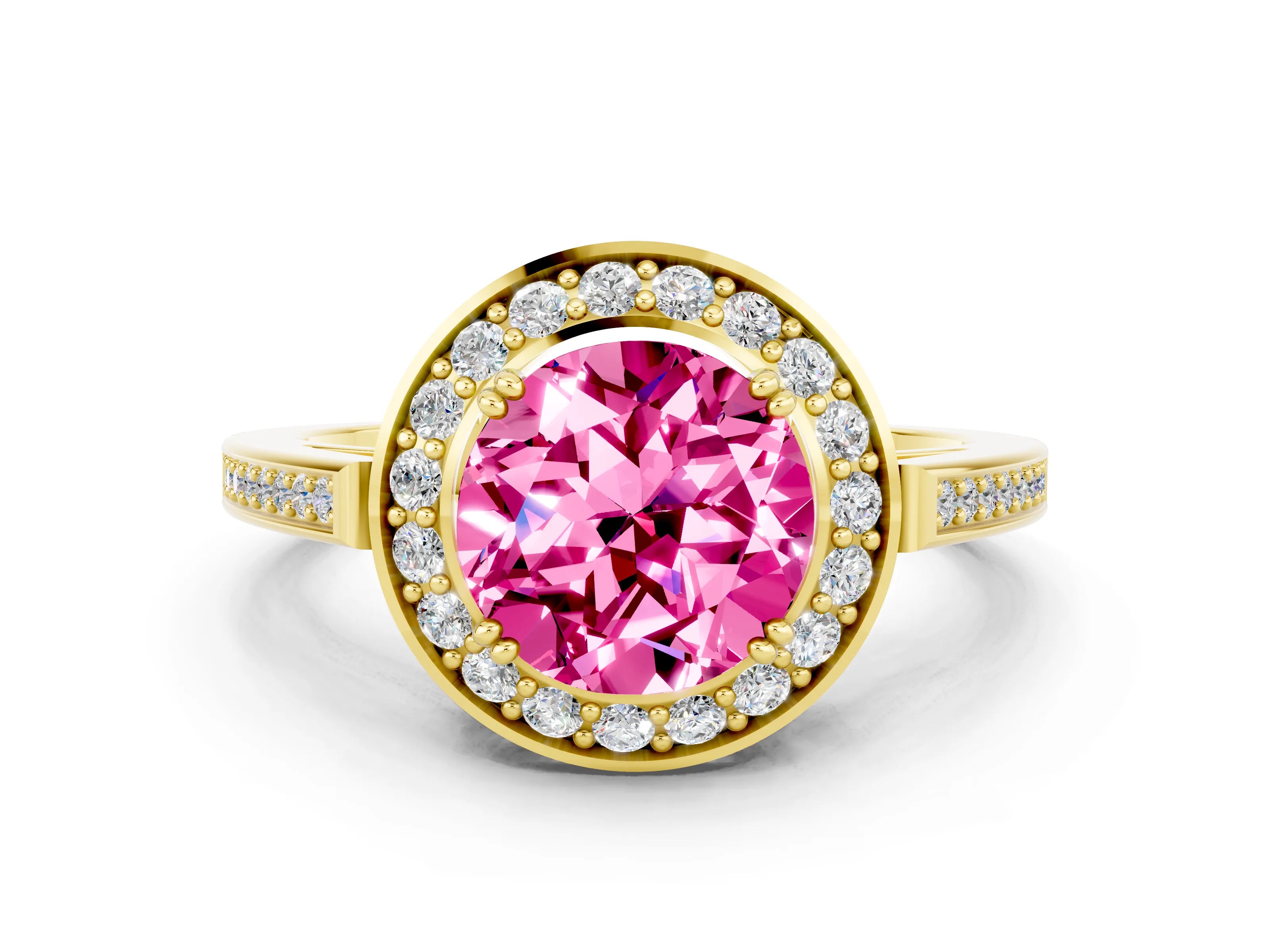 Yellow gold {shape_name} Pink Sapphire Halo Ring with Split Shank and Four-Prong Setting