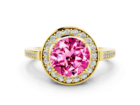Yellow gold {shape_name} Pink Sapphire Halo Ring with Split Shank and Four-Prong Setting
