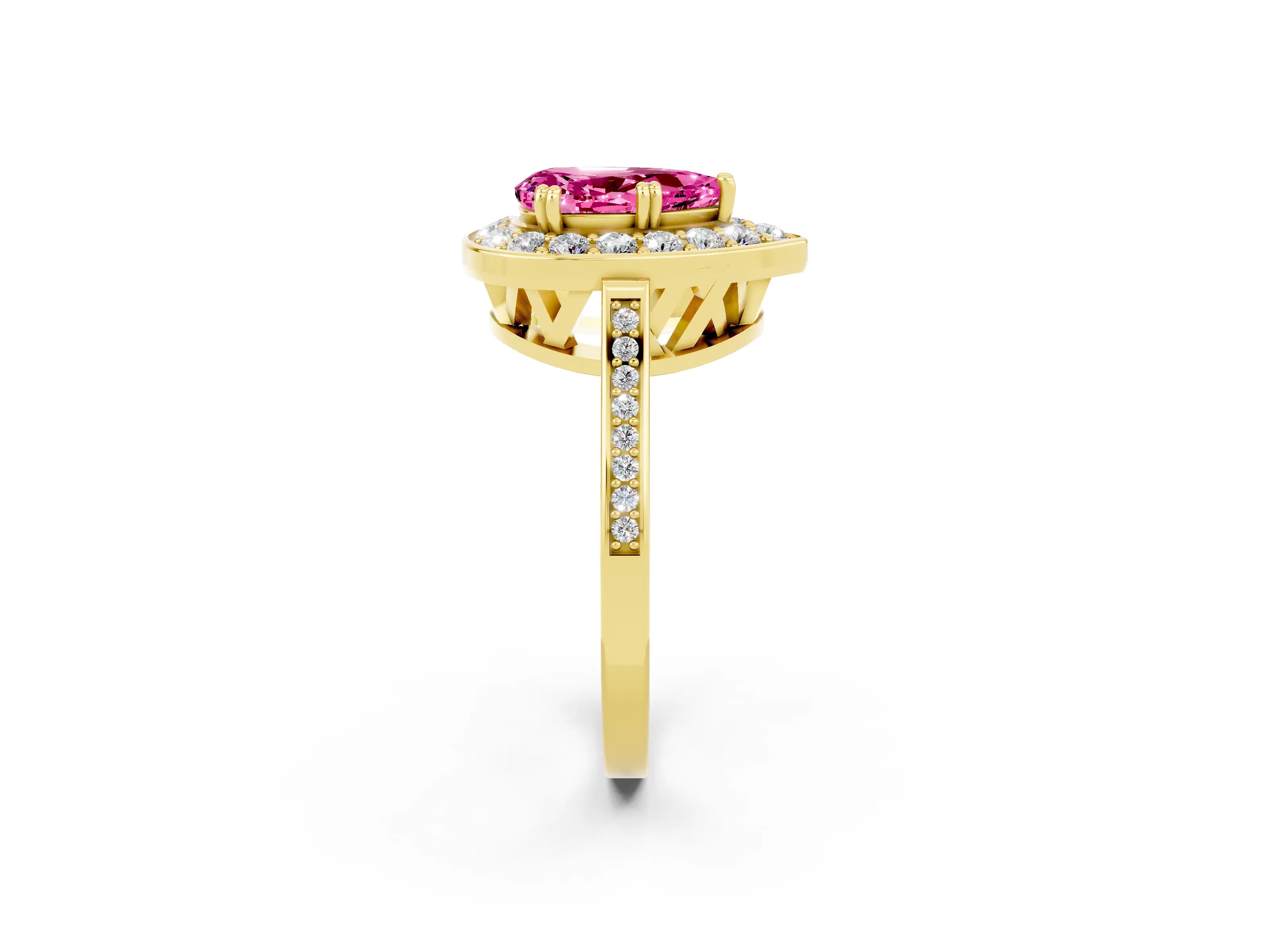 Yellow gold {shape_name} Pink Sapphire Halo Ring with Split Shank and Four-Prong Setting_2
