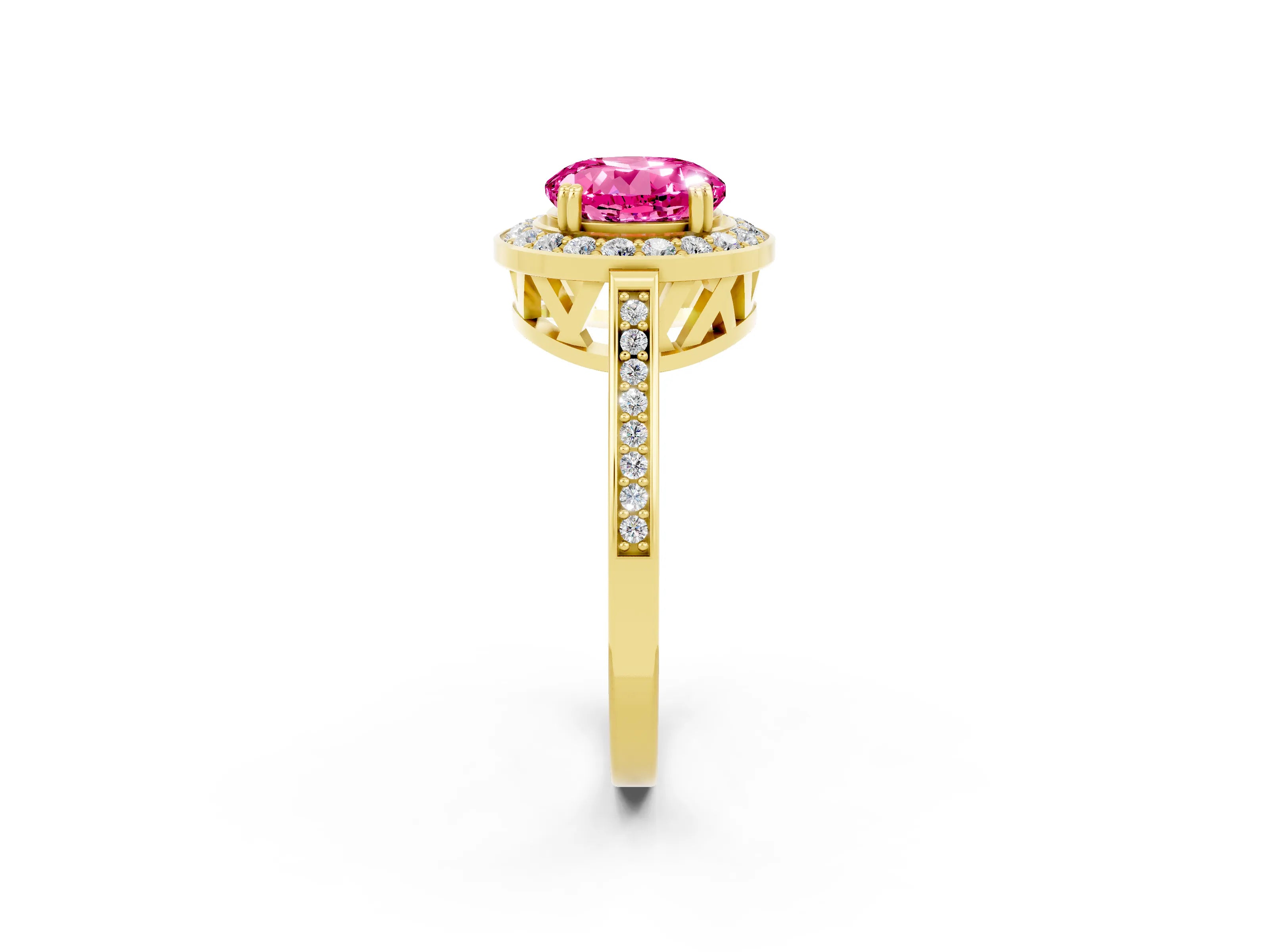 Yellow gold {shape_name} Pink Sapphire Halo Ring with Split Shank and Four-Prong Setting_2