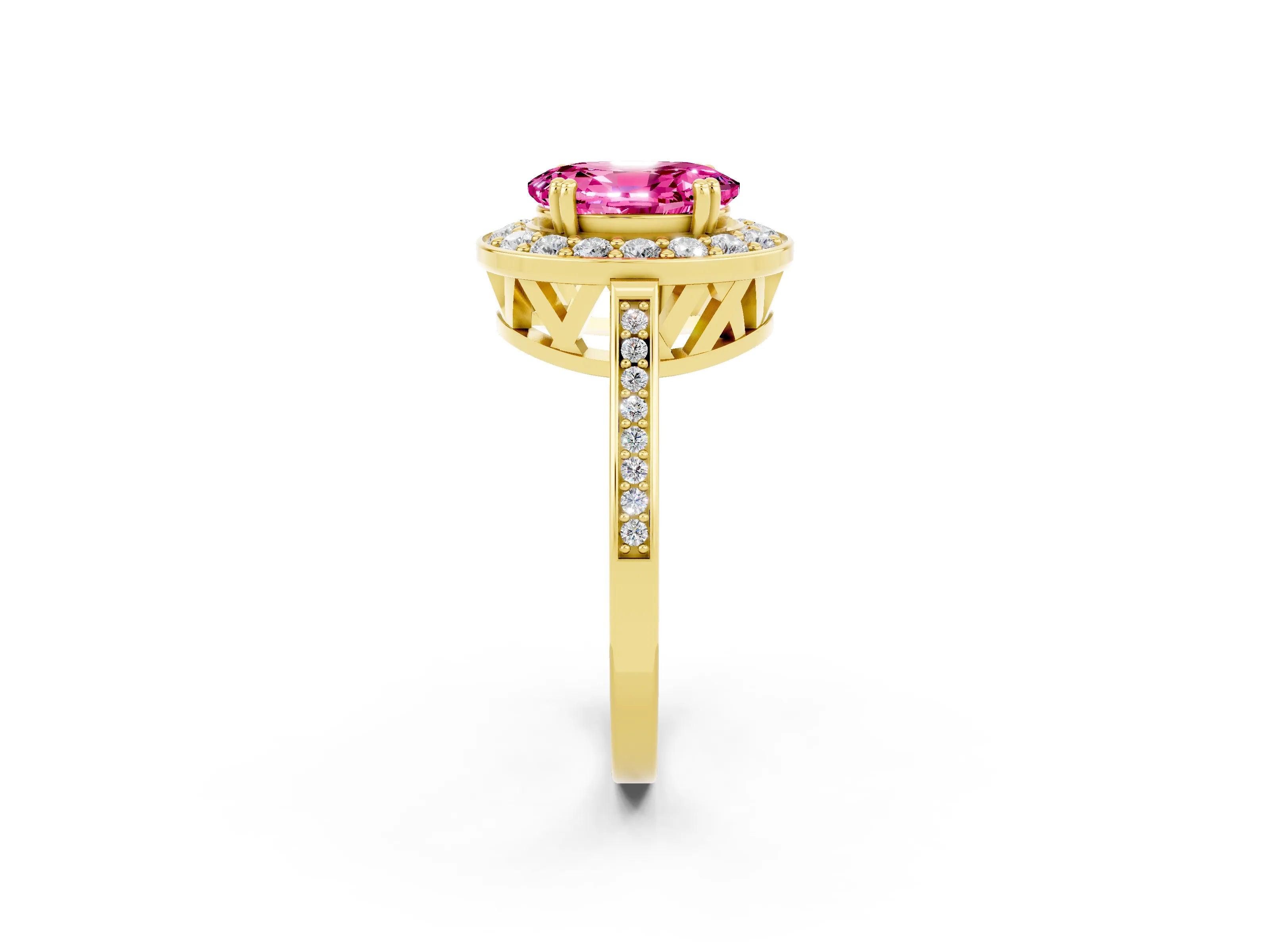 Yellow gold {shape_name} Pink Sapphire Halo Ring with Split Shank and Four-Prong Setting_2