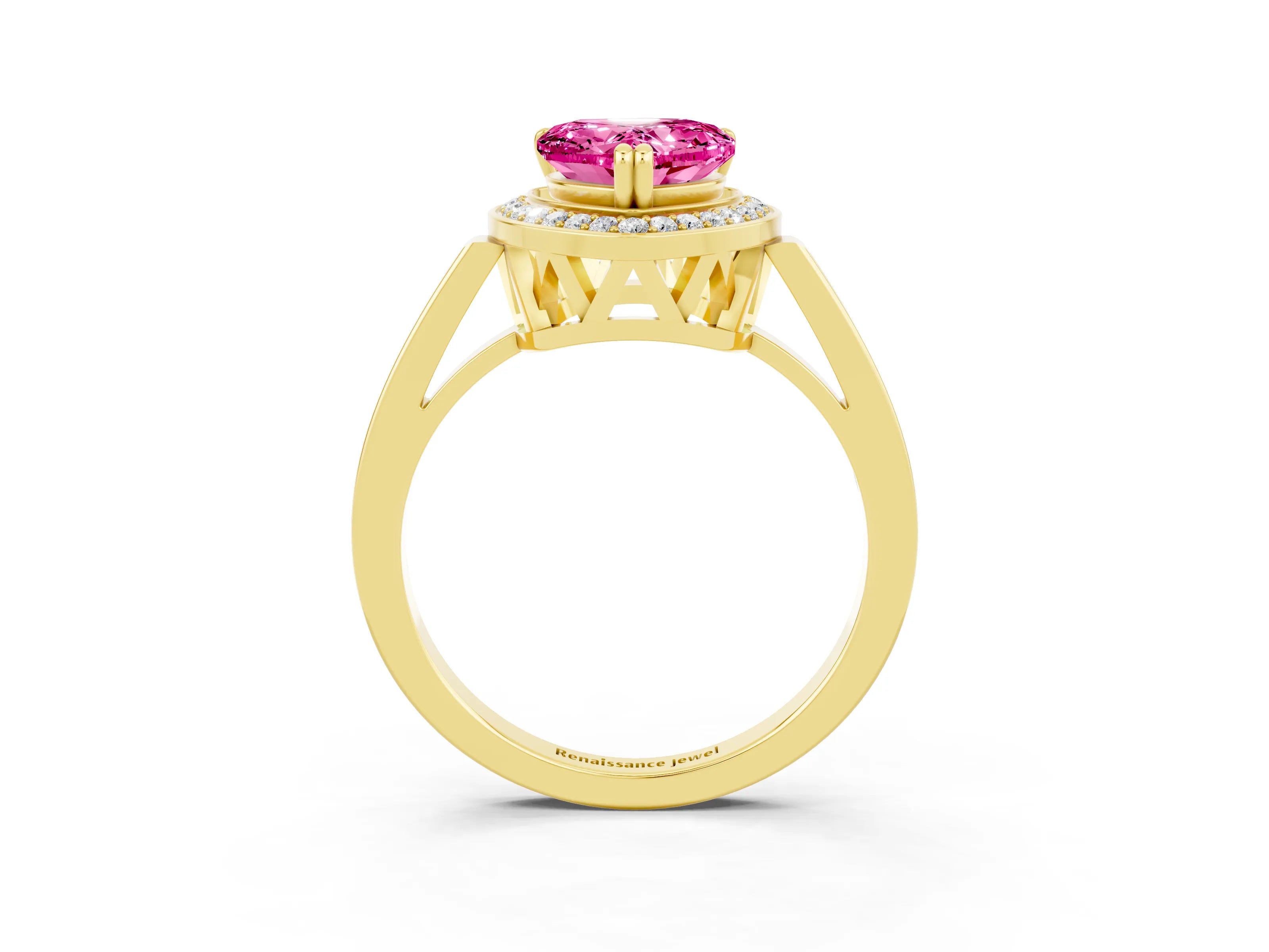 Yellow gold {shape_name} Pink Sapphire Halo Ring with Split Shank and Four-Prong Setting_3