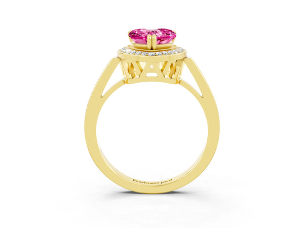 Yellow gold Heart Cut Pink Sapphire Halo Ring with Split Shank and Four-Prong Setting