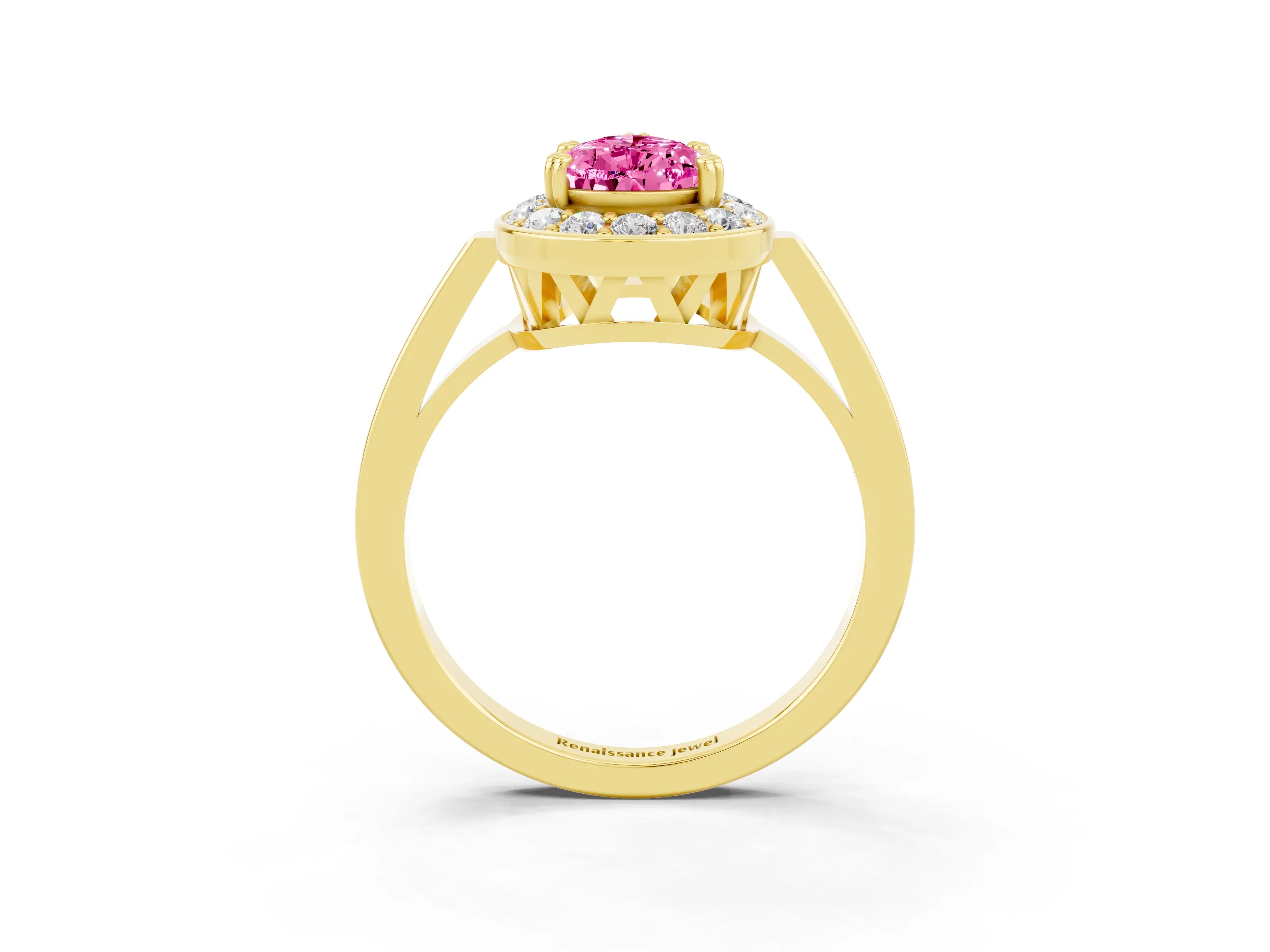 Yellow gold {shape_name} Pink Sapphire Halo Ring with Split Shank and Four-Prong Setting_3