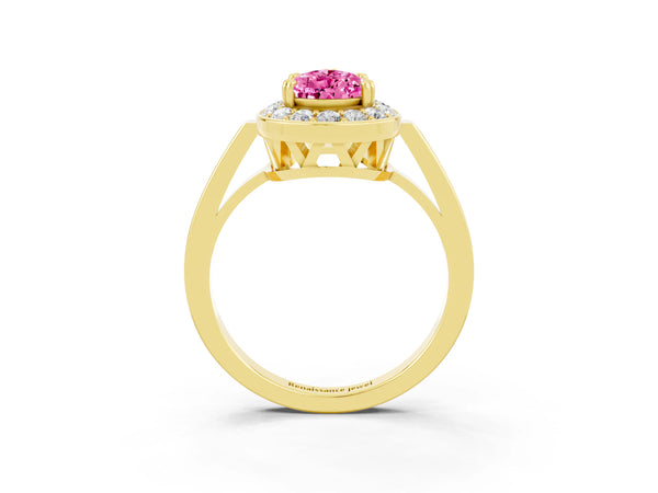 Yellow gold Pear Cut Pink Sapphire Halo Ring with Split Shank and Four-Prong Setting