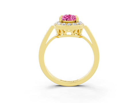 Yellow gold {shape_name} Pink Sapphire Halo Ring with Split Shank and Four-Prong Setting_3