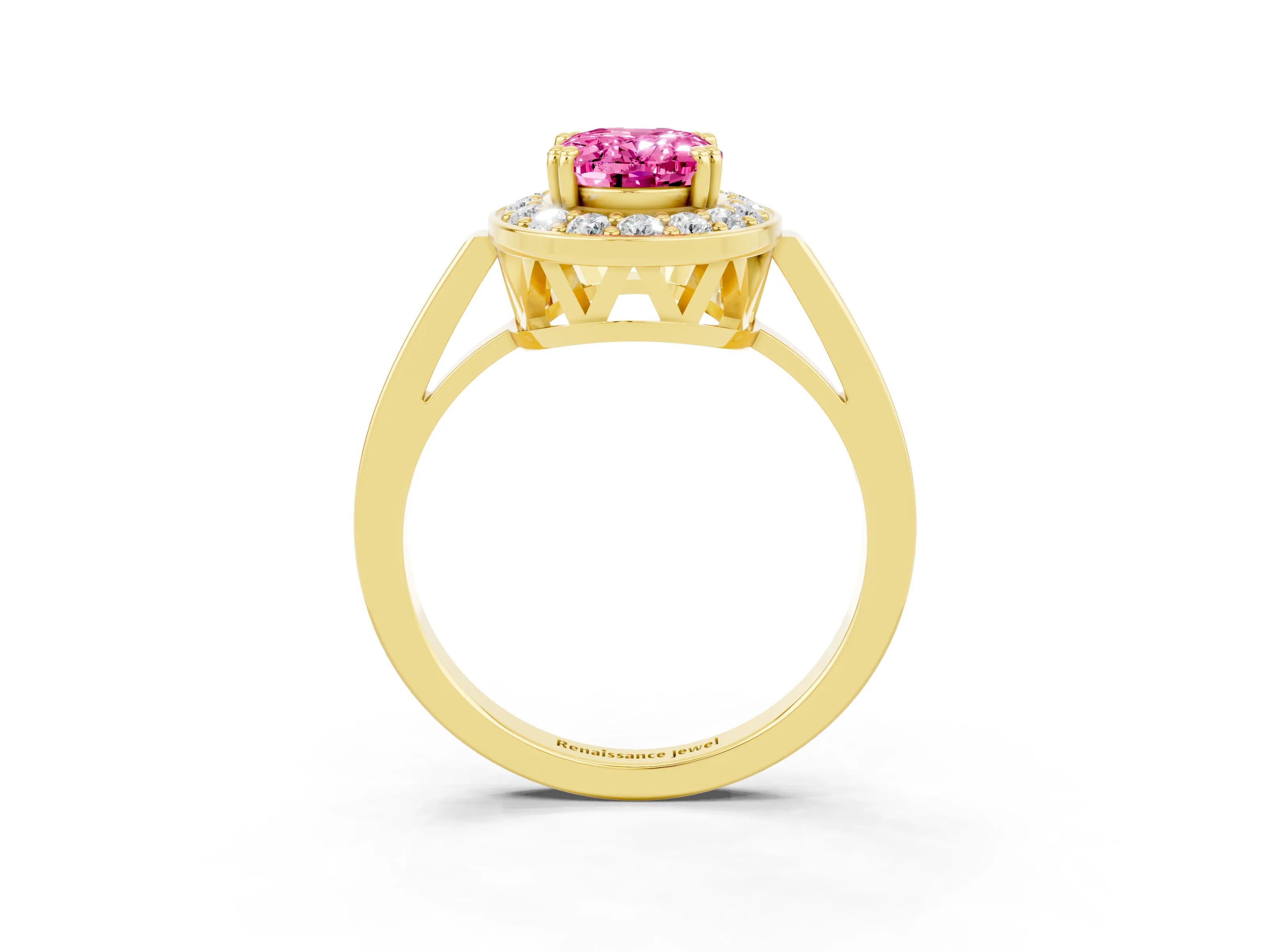 Yellow gold {shape_name} Pink Sapphire Halo Ring with Split Shank and Four-Prong Setting_3