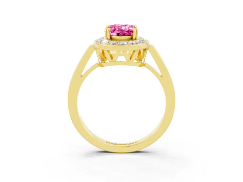 Yellow gold {shape_name} Pink Sapphire Halo Ring with Split Shank and Four-Prong Setting_3