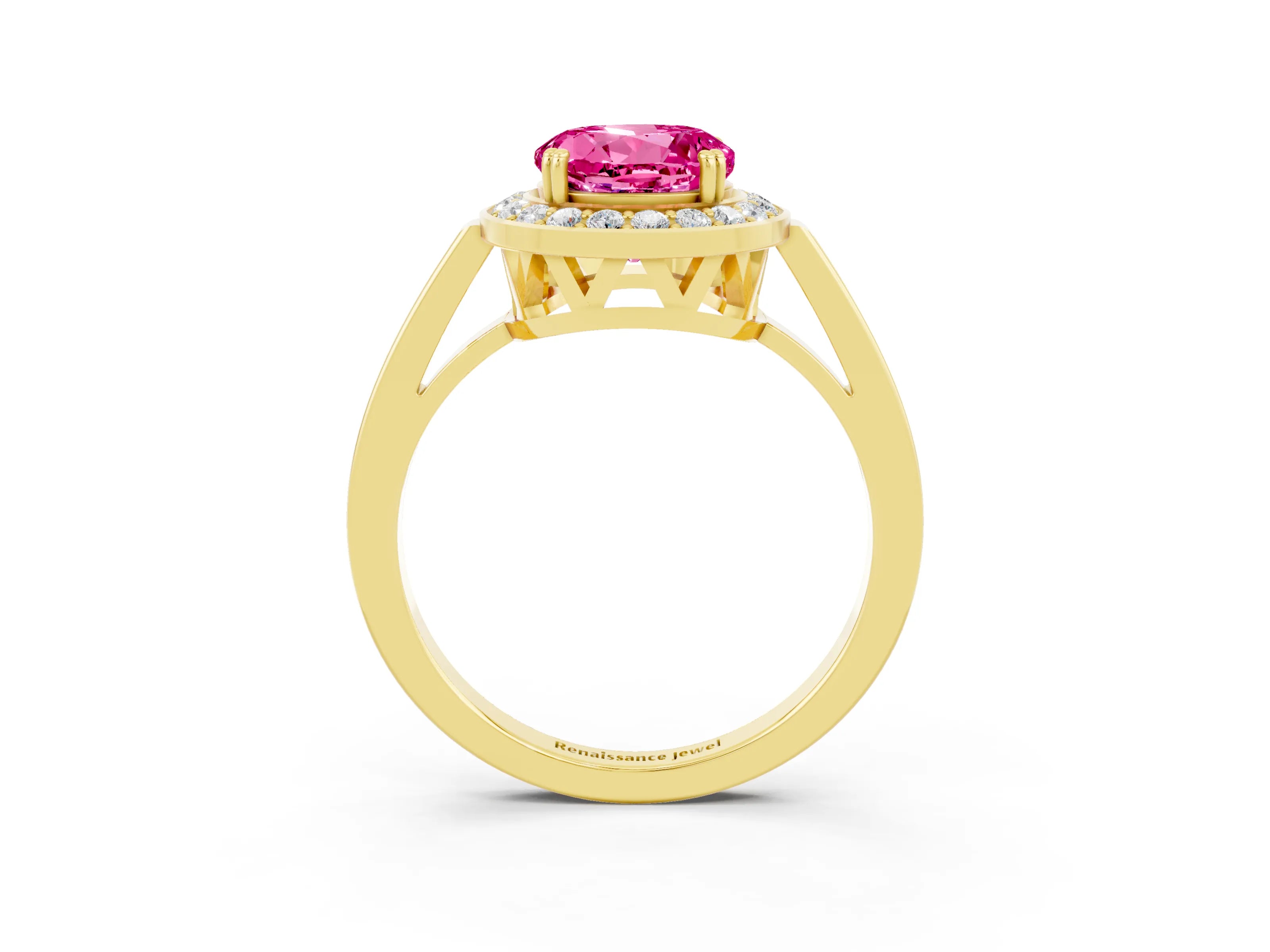 Yellow gold {shape_name} Pink Sapphire Halo Ring with Split Shank and Four-Prong Setting_3
